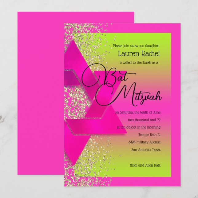 Bat Mitzvah Pink Green Ombre Gold Glitter Invitation (Front/Back)