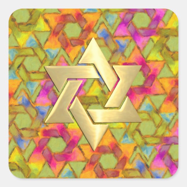 Bat Mitzvah Pink Green Orange Star Damask Square Sticker (Front)