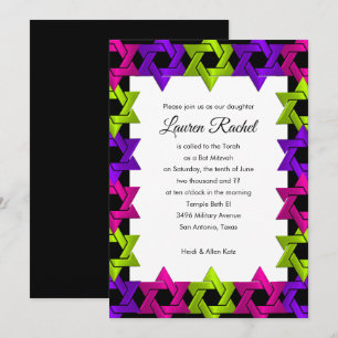 Bat Mitzvah Pink Green Purple Star on Any Colour Invitation