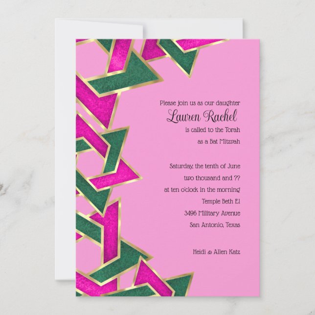 Bat Mitzvah Pink Green Star of David Invitation (Front)