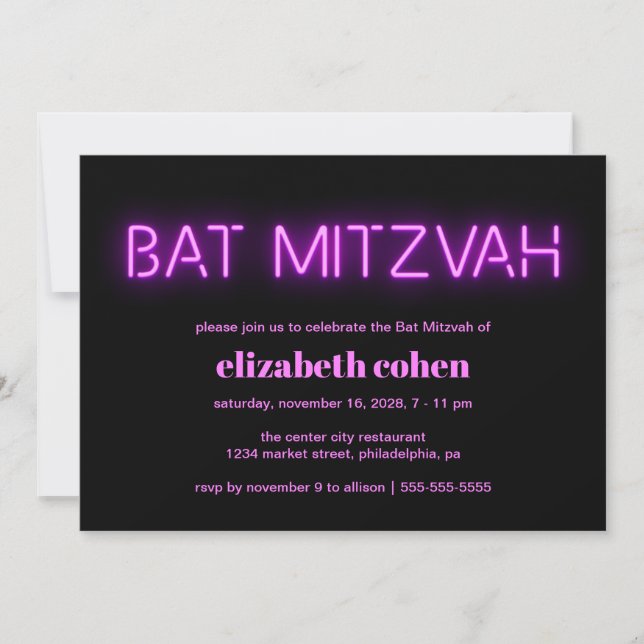 Bat Mitzvah Pink Neon Lights Invitation (Front)