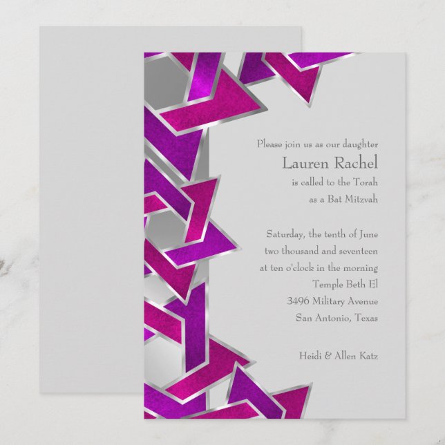 Bat Mitzvah Pink Purple Star of David on Any Colou Invitation (Front/Back)