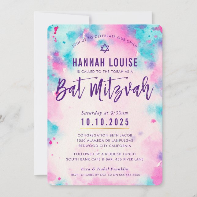 BAT MITZVAH pink purple watercolor gold script Invitation (Front)