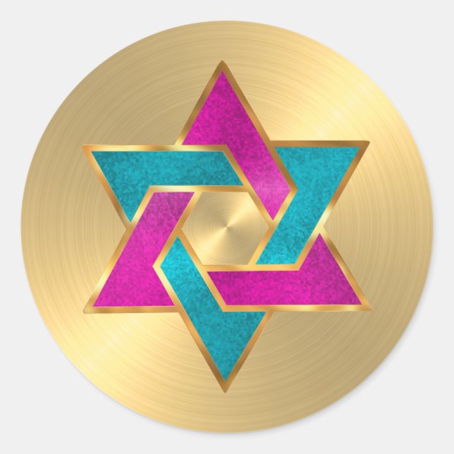 Bat Mitzvah Pink Turquoise Star of David Any Colou Classic Round Sticker (Front)
