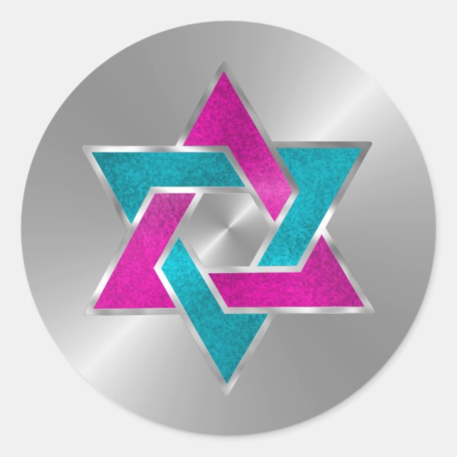 Bat Mitzvah Pink Turquoise Star of David Silver Classic Round Sticker (Front)
