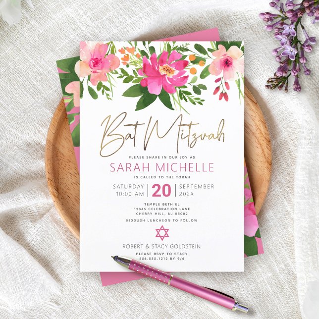Bat Mitzvah Pink Watercolor Floral Gold Script Invitation (Creator Uploaded)