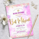 Bat Mitzvah pink watercolor gold foil script girly Invitation<br><div class="desc">Be proud, rejoice and showcase this milestone of your favourite Bat Mitzvah! Send out this stunning, modern, sparkly gold faux foil and glitter dots and typography script against a soft pink watercolor background, personalised invitation for an event to remember. Personalise the custom text with your Bat Mitzvah’s name, Hebrew name,...</div>