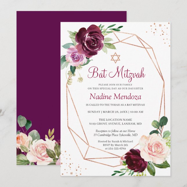 Bat Mitzvah | Plum Purple Floral Rose Geometric Invitation (Front/Back)