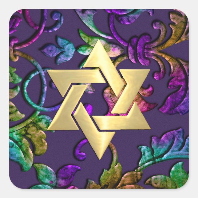 Bat Mitzvah Plum Purple Rainbow Damask + Any Colou Square Sticker (Front)