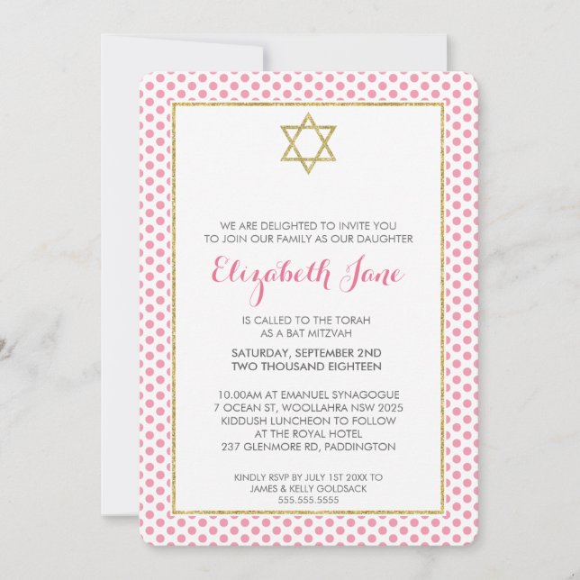 BAT MITZVAH polka dot pattern gold glitter pink Invitation (Front)