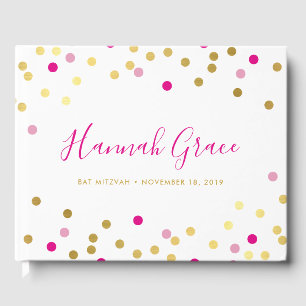 BAT MITZVAH pretty glam confetti spot gold pink Guest Book
