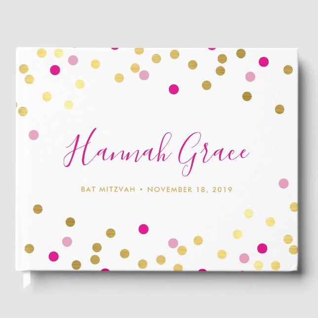 BAT MITZVAH pretty glam confetti spot gold pink Guest Book (Front)