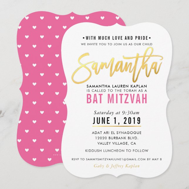 BAT MITZVAH pretty pink gold script SAMANTHA Invitation (Front/Back)