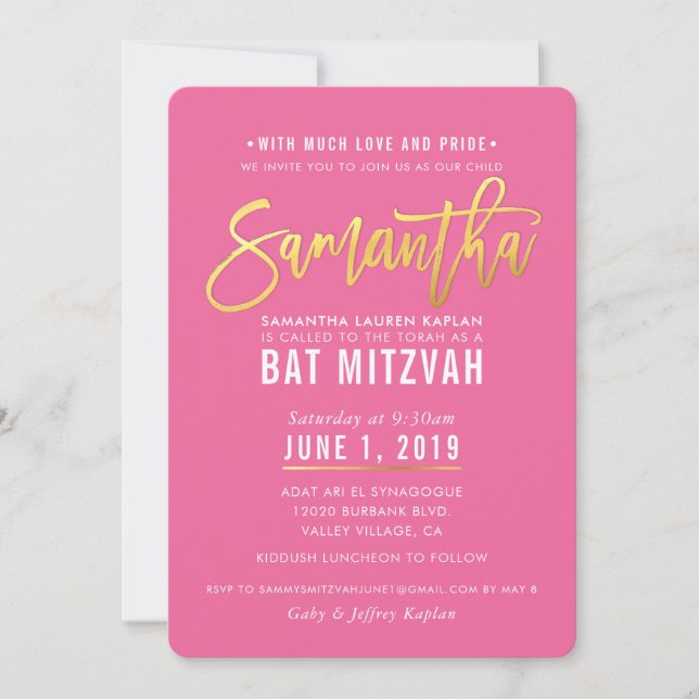BAT MITZVAH pretty pink white gold script SAMANTHA Invitation (Front)
