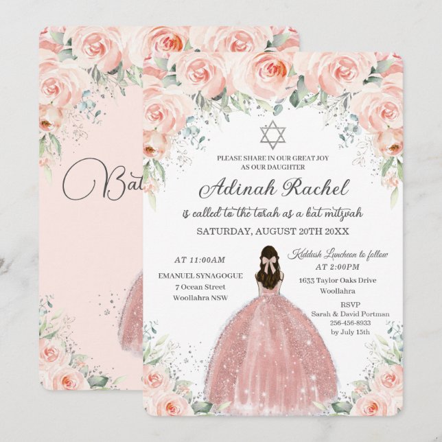 Bat Mitzvah Princess Blush Floral Roses Silver Invitation (Front/Back)
