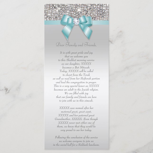 Bat Mitzvah Program Silver Sequin Teal Bow Programme (Front)