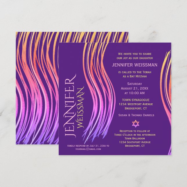 Bat Mitzvah Purple and Pink Prayer Shawl Invitation (Front/Back)