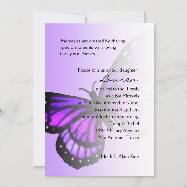 Bat Mitzvah Purple Butterfly Ombre Invitation (Front)