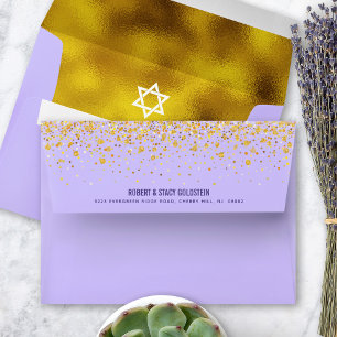 Bat Mitzvah Purple Gold Foil & Dots Return Address Envelope