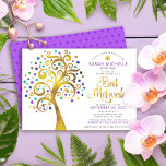 Bat Mitzvah Purple Gold Foil Script Tree of Life Invitation<br><div class="desc">Be proud, rejoice and showcase this milestone of your favourite Bat Mitzvah! This graphic faux gold foil tree with sparkly turquoise, teal, purple and blue Star of David and dot “leaves” on a white background is the perfect invitation for this special occasion. A tiny, dark purple Star of David pattern...</div>