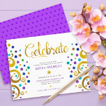 Bat Mitzvah Purple Gold Foil Tree of Life Modern Enclosure Card<br><div class="desc">Be proud, rejoice and showcase this milestone of your favourite Bat Mitzvah! This abstract, graphic faux gold foil tree with sparkly turquoise, teal, purple and blue Star of David and dot “leaves” on a white background, is the perfect personalised party info insert for this special occasion. A tiny, dark purple...</div>