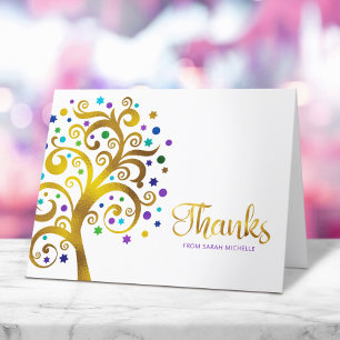 Bat Mitzvah Purple Gold Foil Tree of Life Modern Thank You Card