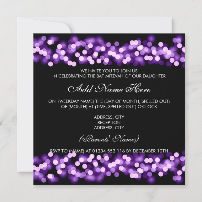 Bat Mitzvah Purple Hollywood Glam Invitation (Front)