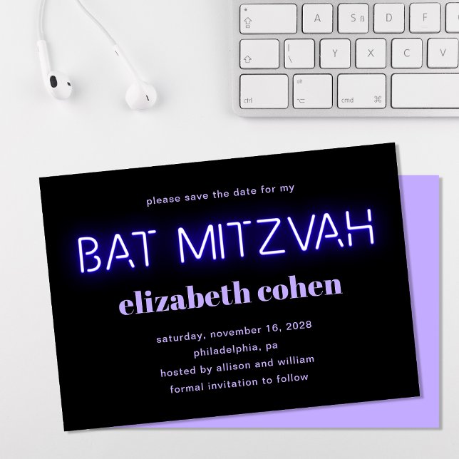 Bat Mitzvah Purple Neon Lights Save The Date Invitation (Creator Uploaded)