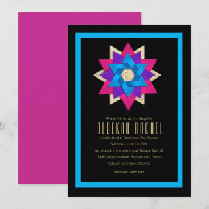 Bat Mitzvah Purple Pink Blue Star Flower Invitation