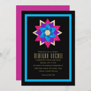 Bat Mitzvah Purple Pink Blue Star Flower Invitation