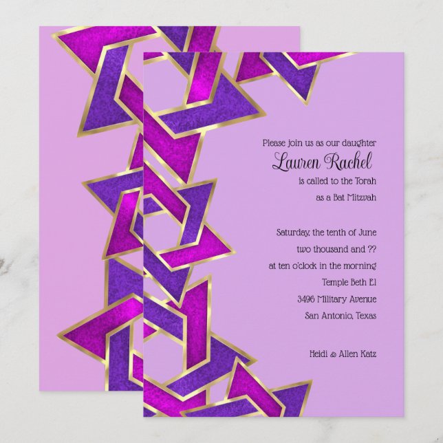 Bat Mitzvah Purple Pink Star of David Invitat Invitation (Front/Back)