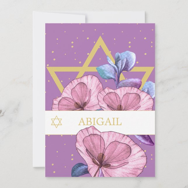Bat Mitzvah Purple Poppies Gold Star of David Invitation (Back)