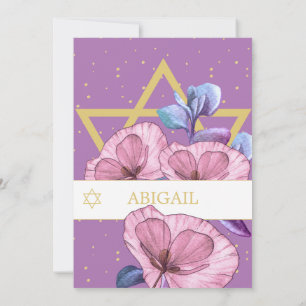 Bat Mitzvah Purple Poppies Gold Star of David Invitation