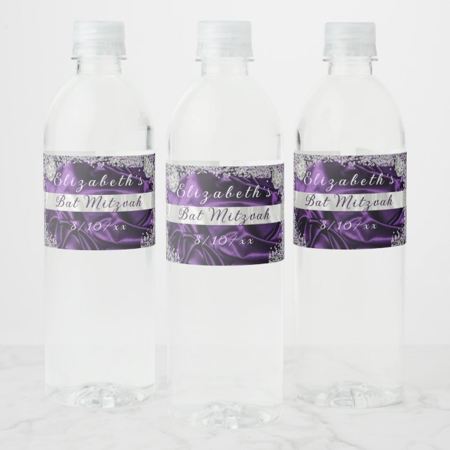 Bat Mitzvah Purple Satin Sparkling Diamonds  Water Bottle Label (Bottles)