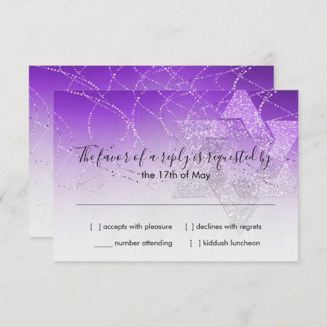 Bat Mitzvah Purple Star Glittery RSVP Card (Front/Back)