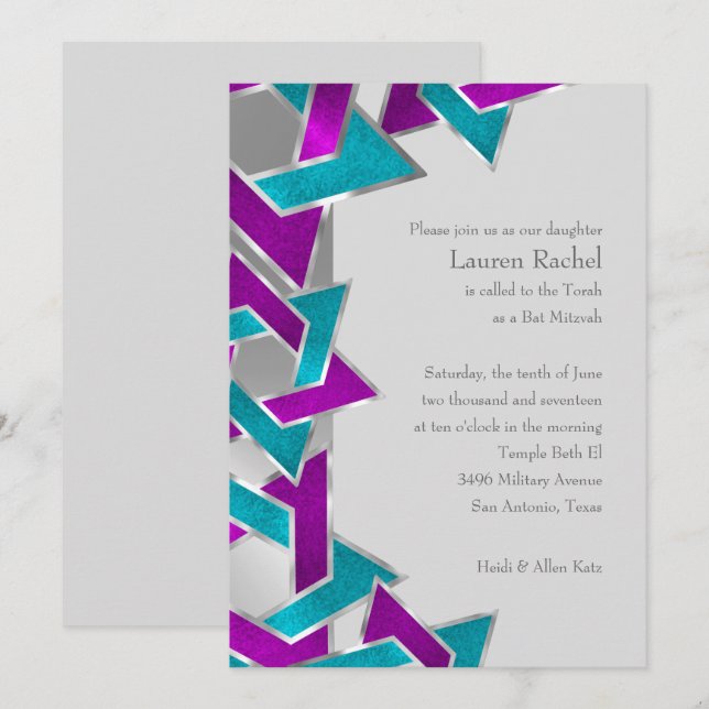 Bat Mitzvah Purple Turquoise Star David Any Colour Invitation (Front/Back)