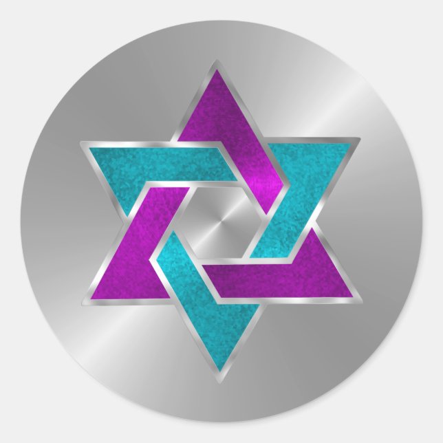 Bat Mitzvah Purple Turquoise Star David Silver Classic Round Sticker (Front)