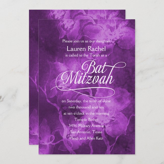 Bat Mitzvah Purple Watercolor Flowers Invitation (Front/Back)