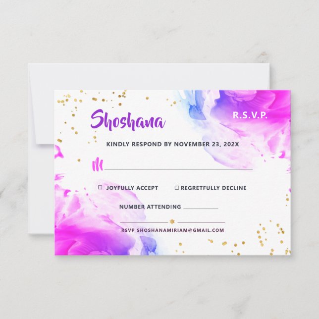 Bat Mitzvah Purple Watercolor Glitter RSVP Card (Front)