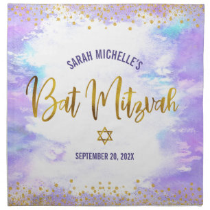 Bat Mitzvah Purple Watercolor Gold Challah Cover Napkin