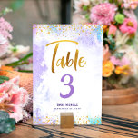 Bat Mitzvah Purple Watercolor Gold Script Glitter Table Number<br><div class="desc">No Bat Mitzvah party is complete without personalised table number cards. Let your favourite Bat Mitzvah be proud, rejoice and celebrate her milestone at her perfectly coordinated party. Stunning, modern, sparkly gold faux foil handwritten script and tiny dots overlay a light purple watercolor background. Personalise the custom text with the...</div>