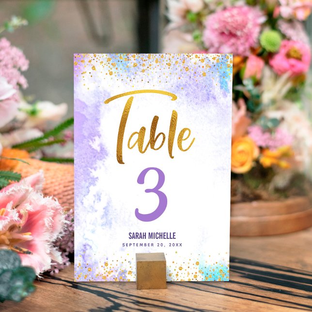 Bat Mitzvah Purple Watercolor Gold Script Glitter Table Number (Creator Uploaded)