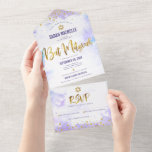 Bat Mitzvah purple watercolor gold script modern All In One Invitation<br><div class="desc">Be proud, rejoice and showcase this milestone of your favourite Bat Mitzvah! Send out this stunning, modern, custom all-in-one invitation for an event to remember. Sparkly gold faux foil, glitter dots and typography script overlay a light purple watercolor background. This all-in-one product is an unique combination of a custom invitation...</div>