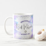 Bat Mitzvah Purple Watercolor Silver Script Modern Coffee Mug<br><div class="desc">Be proud, rejoice and showcase this milestone of your favourite Bat Mitzvah! Celebrate whenever you use this stunning, modern, stylish, custom coffee mug. Sparkly, faux silver foil calligraphy script and glitter dots overlay a soft purple watercolor background. Personalise with your Bat Mitzvah’s name and date or custom message. Guaranteed to...</div>