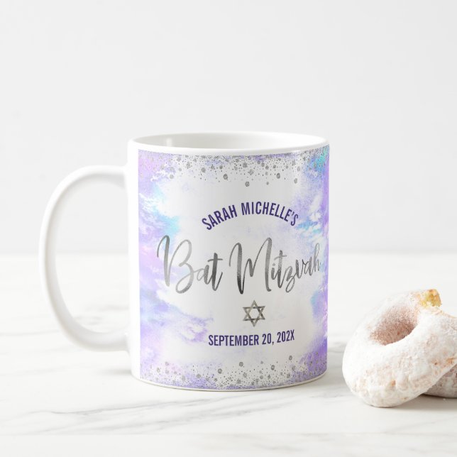 Bat Mitzvah Purple Watercolor Silver Script Modern Coffee Mug (With Donut)