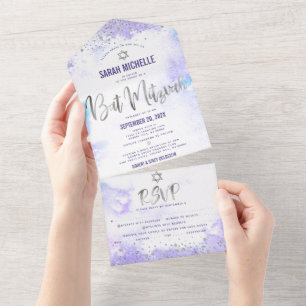Bat Mitzvah Purple Watercolor Silver Script Party All In One Invitation