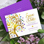Bat Mitzvah Purple with Gold Script Tree of Life Save The Date<br><div class="desc">Make sure all your friends and relatives will be able to celebrate your daughter’s milestone Bat Mitzvah! Send out this stunning, graphic faux gold foil tree with sparkly turquoise, teal, purple and blue Star of David and dot “leaves” on a white background, personalised “Save the Date” announcement card. Your custom...</div>