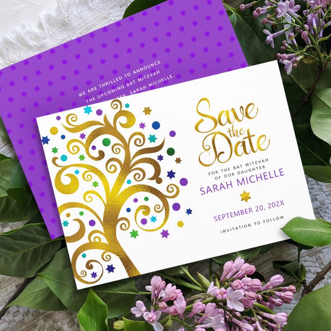 Bat Mitzvah Purple with Gold Script Tree of Life Save The Date (Creator Uploaded)