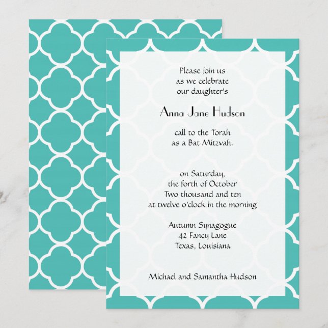 Bat Mitzvah - Quatrefoil Shape - Blue White Invitation (Front/Back)