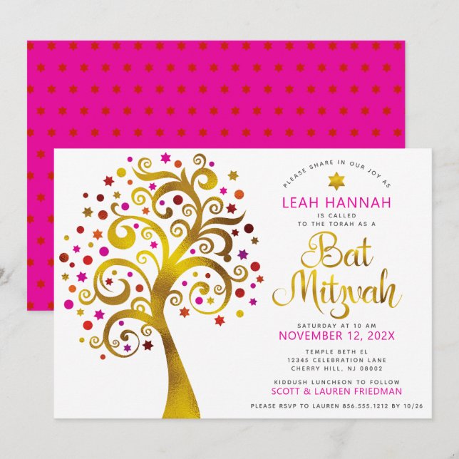 Bat Mitzvah Red Gold Foil Tree of Life Modern Bold Invitation (Front/Back)